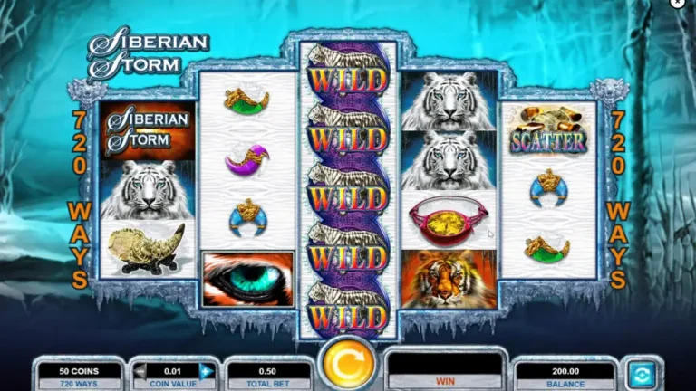Siberian Storm slot reels featuring white tigers, tiger eyes, and gemstone symbols during standard play.
