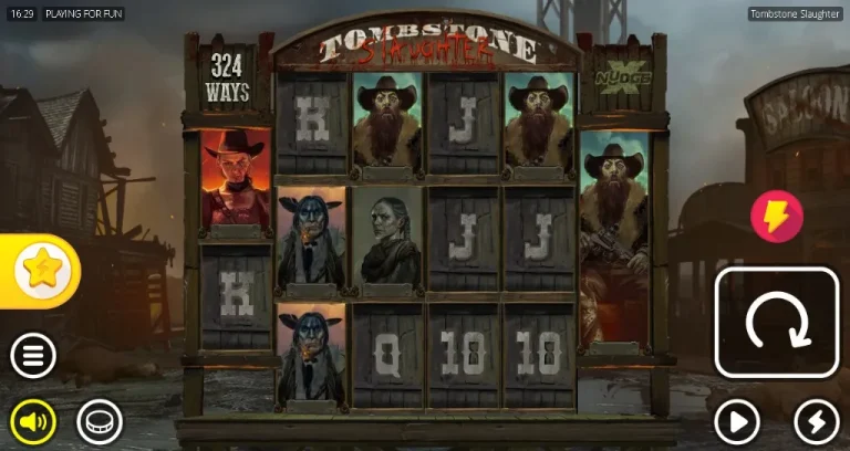 Tombstone Slaughter El Gordoâs Revenge slot game screen showing gritty Wild West-themed symbols like gunslingers, outlaws, and wooden card icons on dark reels.
