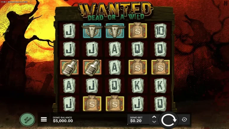 The Wanted Dead or a Wild slot displays a gritty Wild West reel layout with money bags, whiskey bottles, and bull skull symbols in a dark outlaw theme.