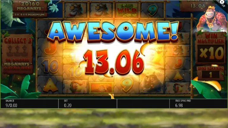 Return of Kong Megaways slot Big Win screen with âAwesomeâ message showing 13.06 prize and x10 multiplier.