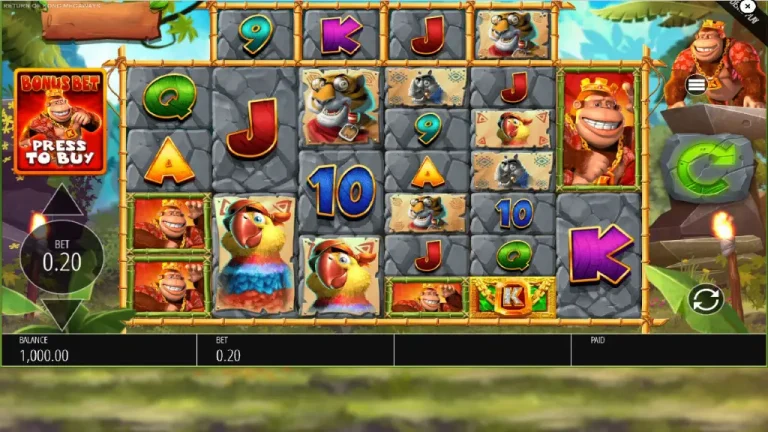 Return of Kong Megaways base game reels featuring parrots, gorillas, and jungle-themed card symbols.