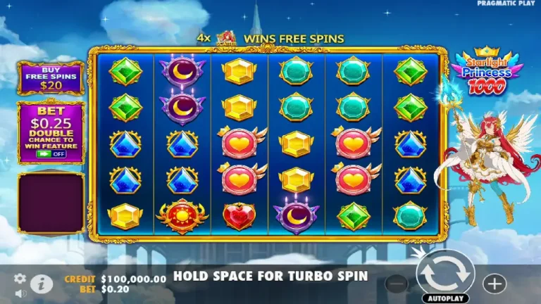 Starlight Princess 1000 base game reels with colorful gems, moons, and heart symbols.