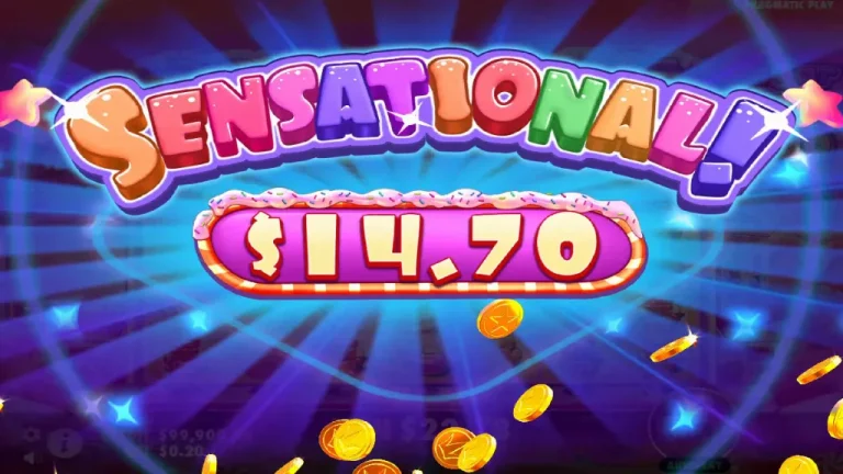 Sugar Rush 1000 slot big win celebration with âSensationalâ payout message and flying gold coins.