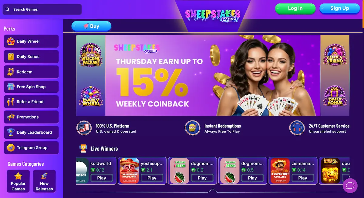 sweepstakes casino homepage